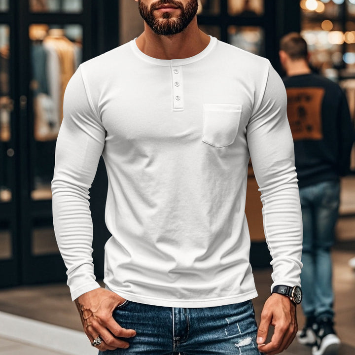 Herren nan figurbetontes Henley-Langarmshirt mit Brusttasche und feinem Stretchjersey Drune