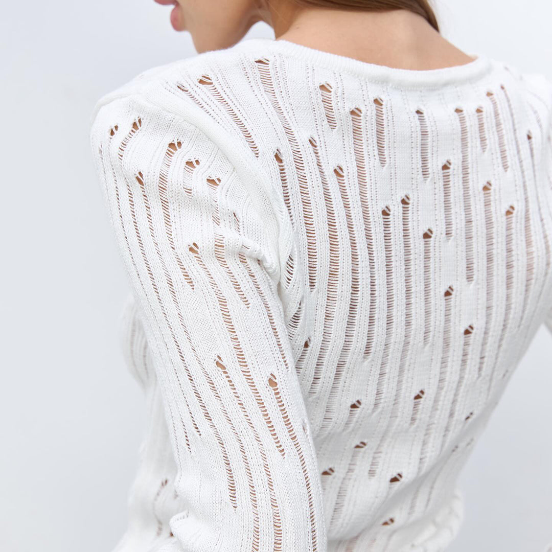 Damen eleganter Strickpullover mit raffiniertem Lochmuster und minimalistischen Details Drune