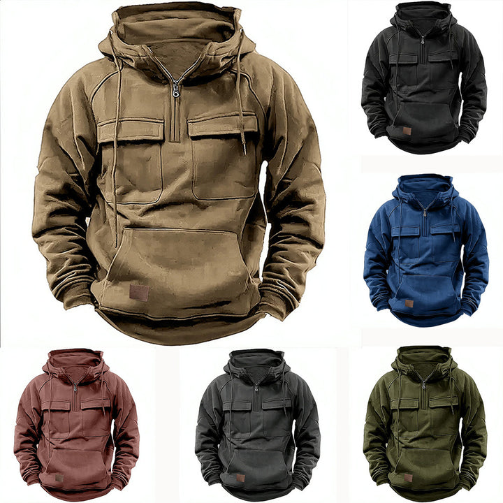 Herren lässiger Kapuzenpullover mit praktischen Taschen und Kunstlederdetails Drune
