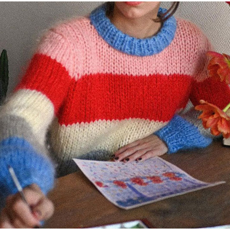 Damen Farbiger Strickpullover mit kontrastierenden Mustern Drune