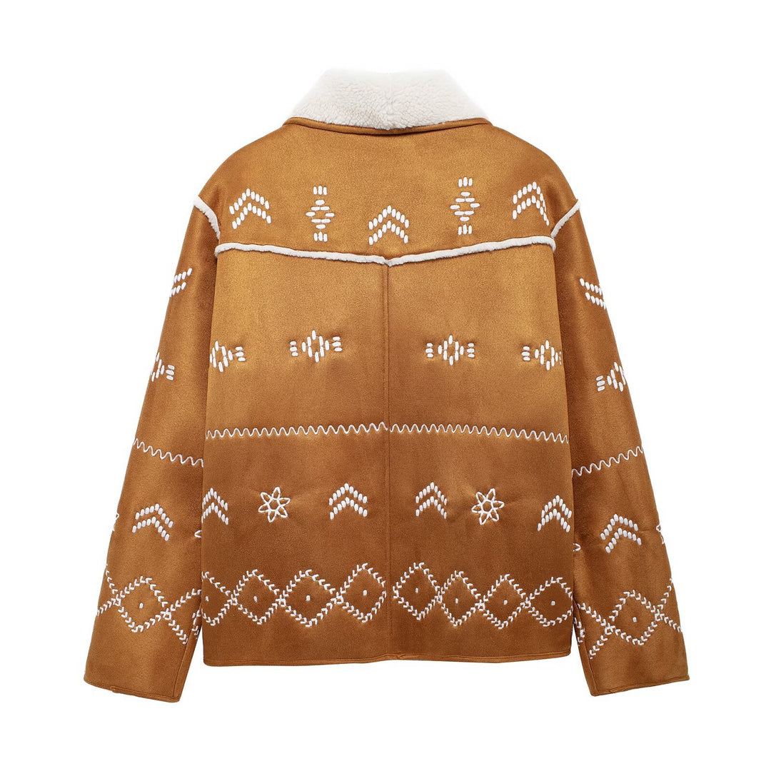 Damen modische Jacke mit gestickt und eleganter Teddykragen Drune
