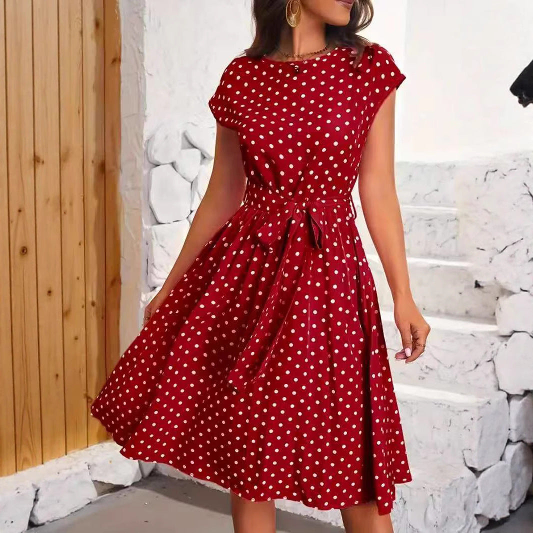 Damen Midikleid mit taillierendem Bindegürtel und verspieltem Polka-Dots Design Drune