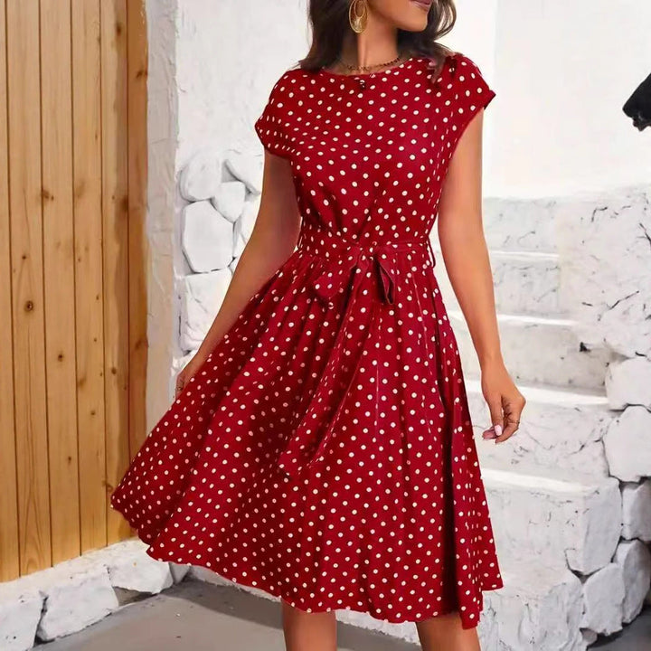 Damen Midikleid mit taillierendem Bindegürtel und verspieltem Polka-Dots Design Drune
