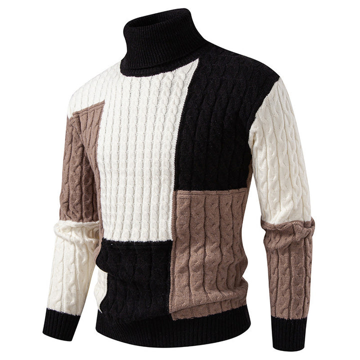 Herren hochabschließend gestrickter Pullover mit modernem Zopfmuster und attraktiven Farbblöcken Drune