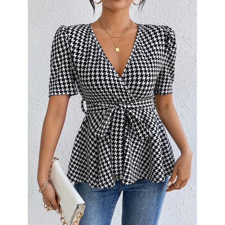Damen Wickelbluse mit lässigem Schnitt und modischem Hahnentritt-Muster Drune