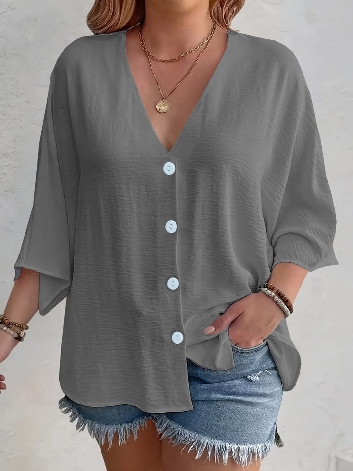 Damen Viskose Oversize-Bluse mit V-Ausschnitt und Knopfdetails Drune
