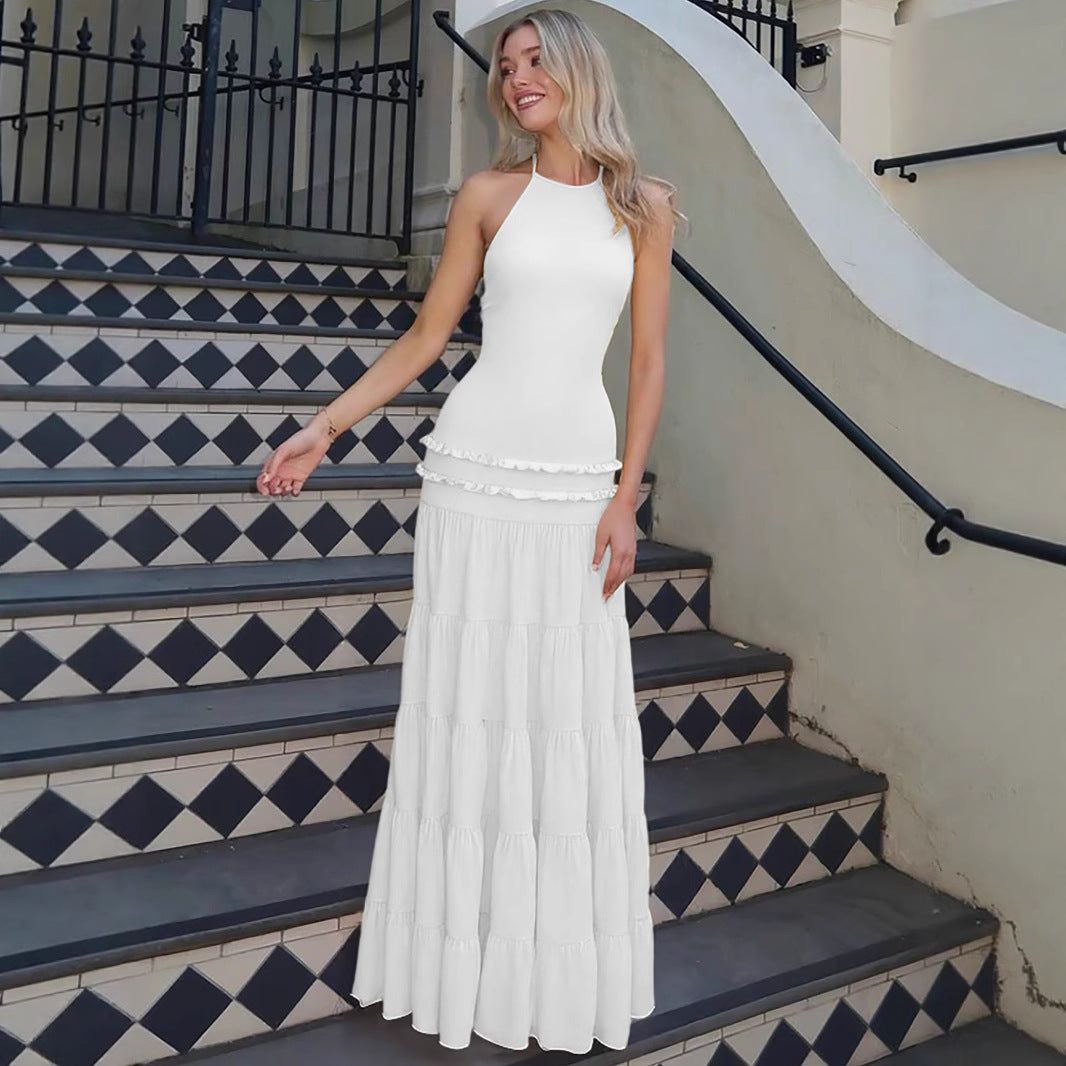 Damen Elegantes Spaghetti-Träger Maxikleid mit Rüschendetails Drune
