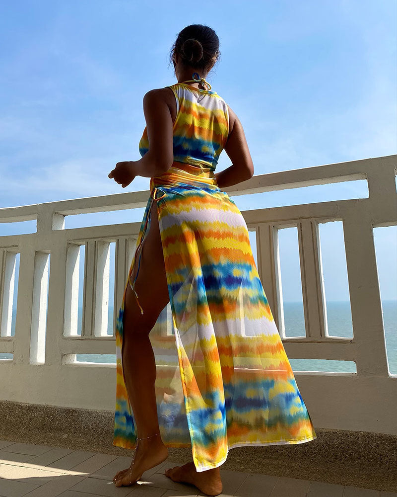 Damen Maxikleid mit modischem Wickeldesign und lebhaftem Tie-Dye-Muster Drune