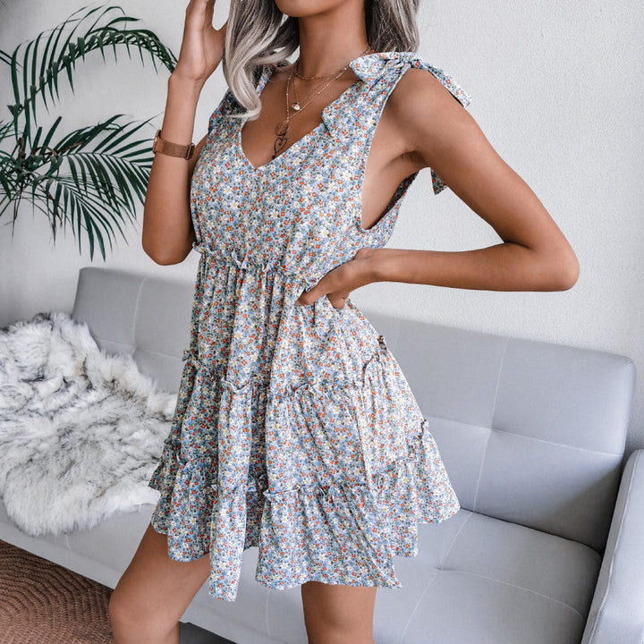 Damen luftiges V-Ausschnitt Sommerkleid mit Rüschendetails Drune