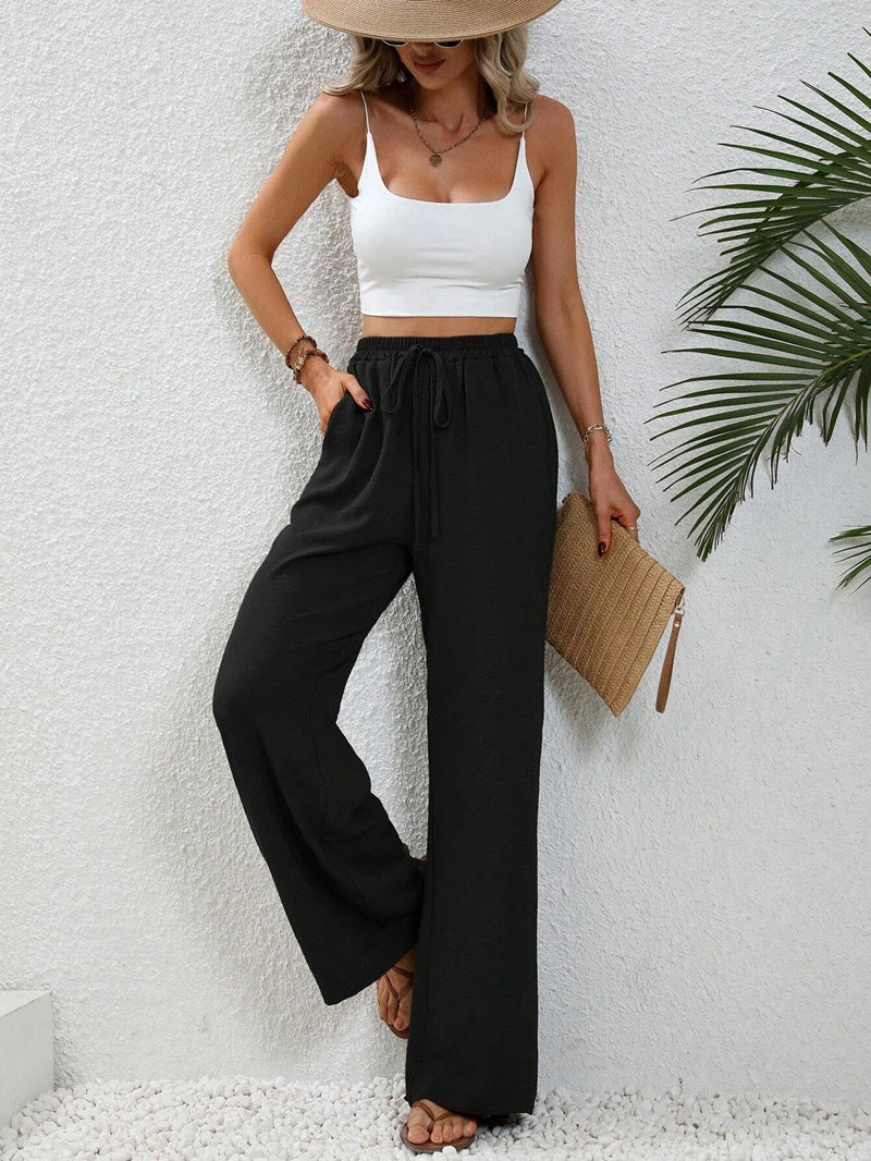 Damen elegante weite Hose aus leichtem Baumwollgemisch mit Gummizug Drune