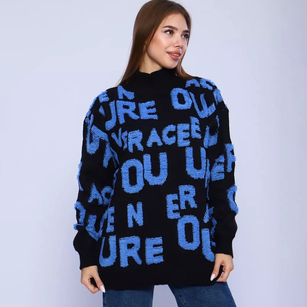Damen Oversized Pullover mit grafischem Schriftzug und hohem Kragen Drune