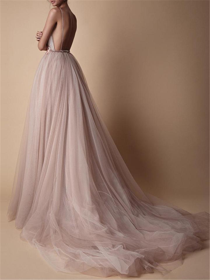 Damen Abendkleid mit tiefem V-Ausschnitt und floralen Applikationen Drune