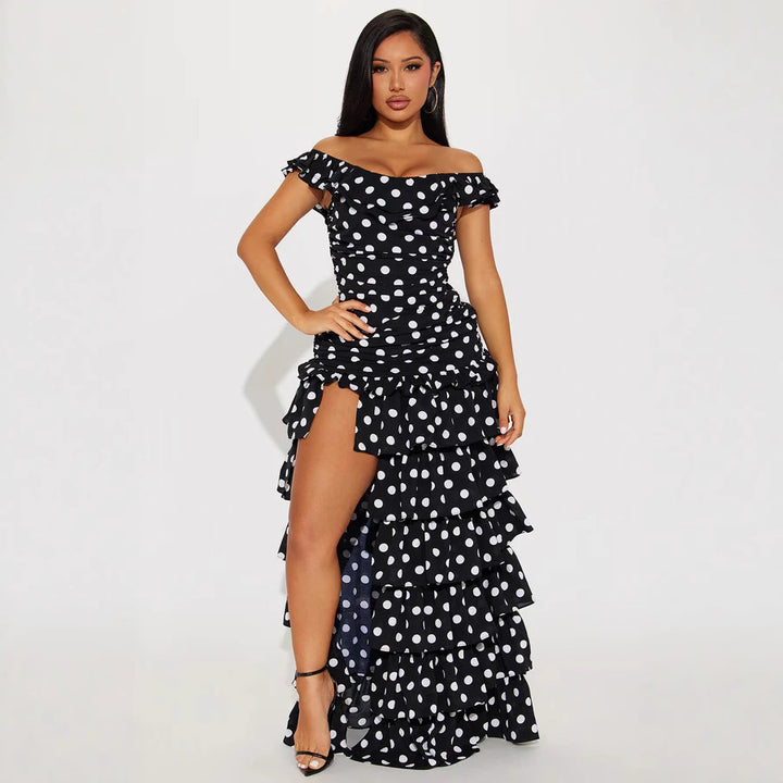 Damen Off-Shoulder Maxikleid mit Rüschen und aufregendem Schlitz Drune