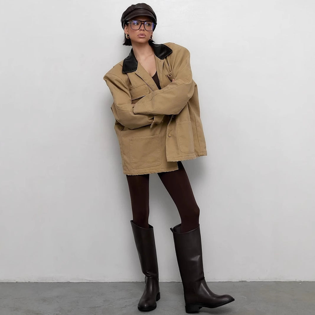 Damen lässige Oversized-Jacke mit ledernem Kragen und praktischen Taschen Drune