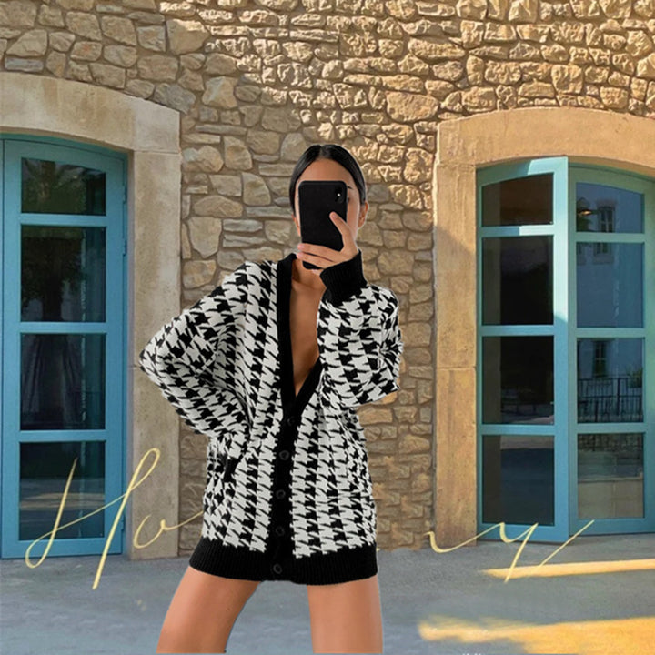 Damen stylischer Oversized-Strickcardigan mit klassischem Hahnentrittmuster Drune