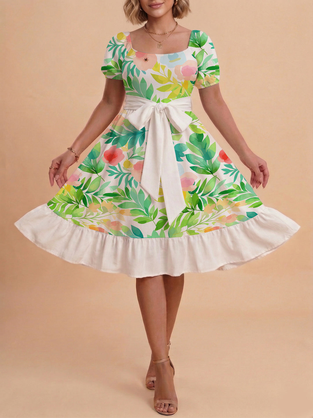 Damen Blumenkleid mit taillierbarem Gürtel und voluminösen Ärmeln Drune