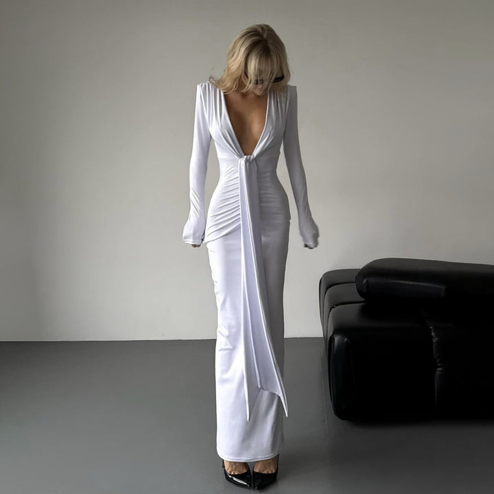 Damen Maxikleid mit tiefem V-Ausschnitt und langen Ärmeln Drune