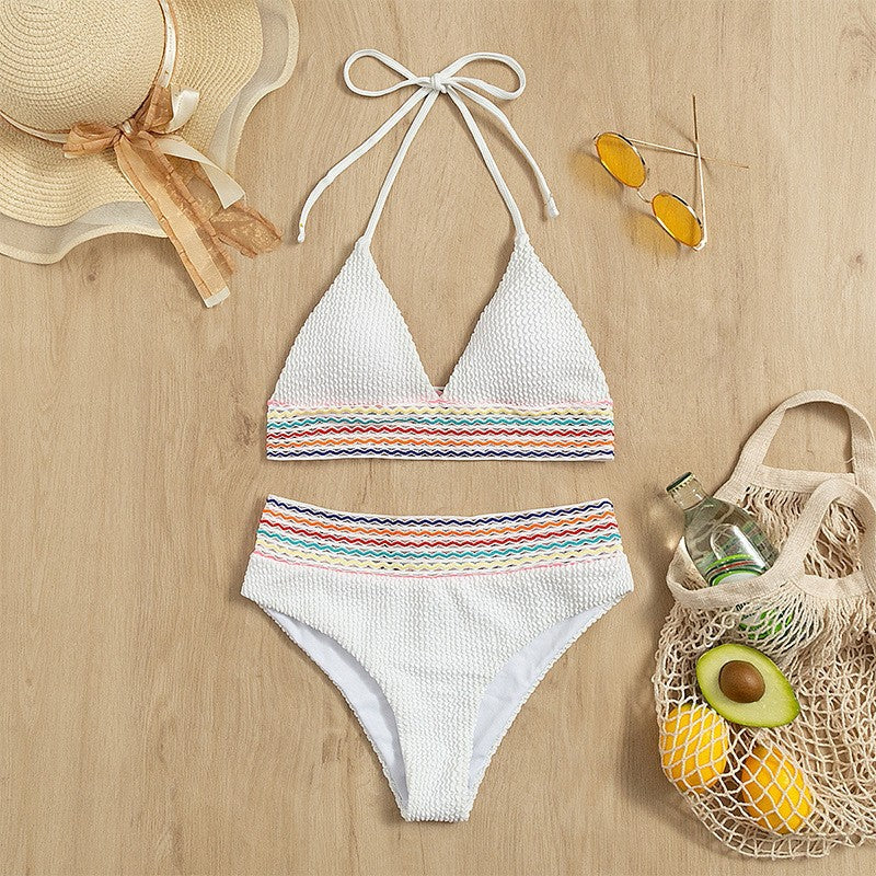 Damen Bikiniset mit hochgeschnittenem Höschen und buntem Wellenmuster Drune