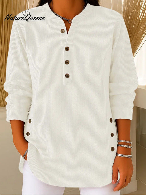 Damen Langarmshirt mit Knopfleiste und modernen Seitenknopfdetails Drune