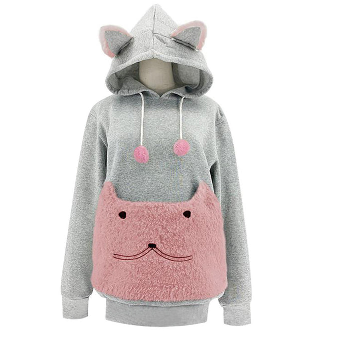 Damen Kuscheliger Kapuzenpullover mit Katzenmotiv und praktischer Känguru-Tasche Drune