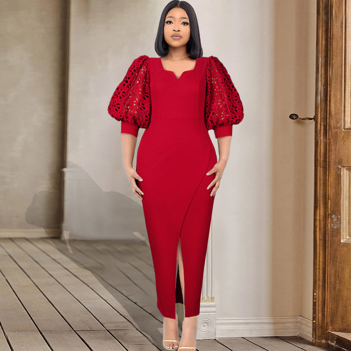 Damen elegantes Maxi-Kleid mit extravaganten Puffärmeln und schickem Schlitz Drune