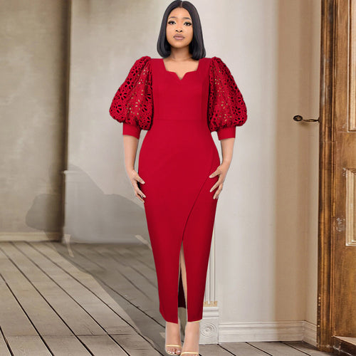 Damen elegantes Maxi-Kleid mit extravaganten Puffärmeln und schickem Schlitz Drune