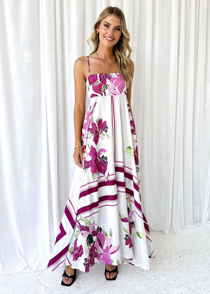 Damen Maxikleid mit modernen grafischen Mustern und dünnen Trägern Drune