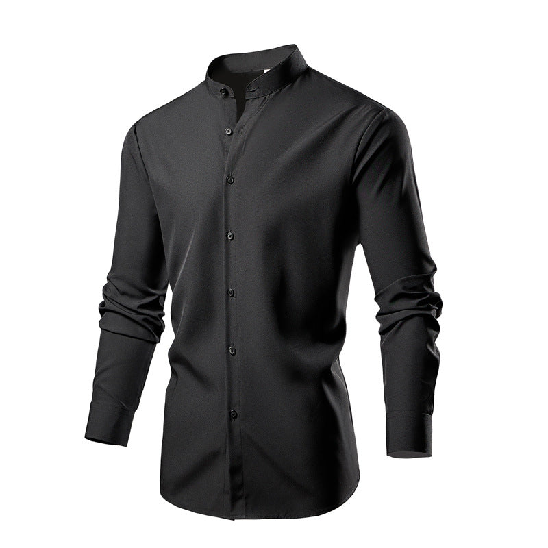 Herren elegantes Langarmhemd mit stehendem Kragen und modernen Knopfdetails Drune