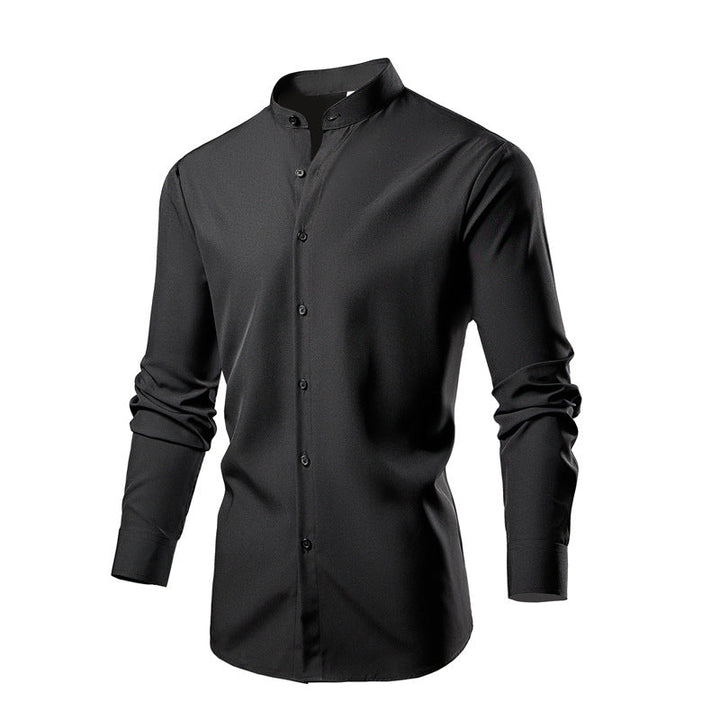 Herren elegantes Langarmhemd mit stehendem Kragen und modernen Knopfdetails Drune