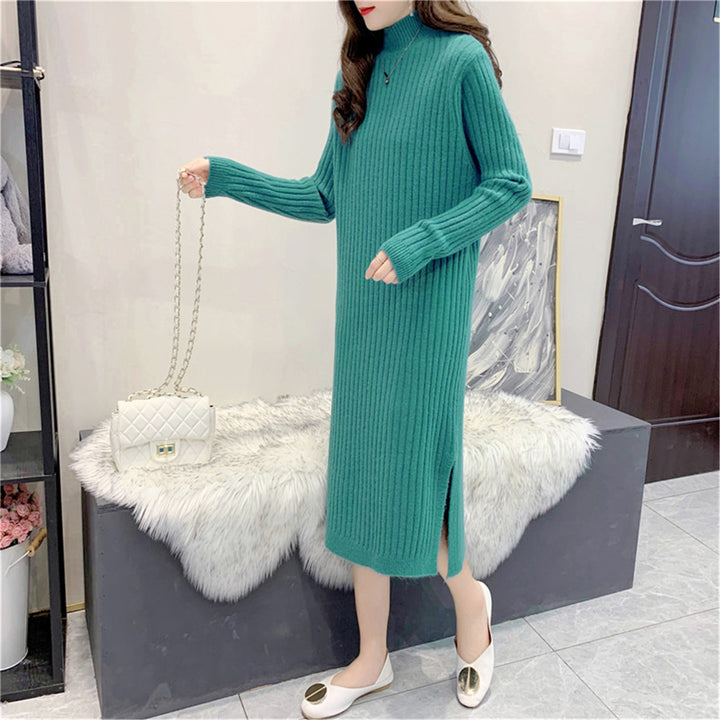 Damen Strickmaxikleid mit hohem Kragen und feiner Rippstruktur Drune