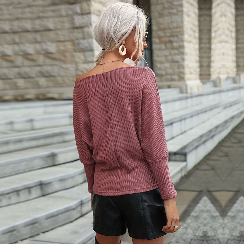 Damen lässiger Strickpullover mit Off-Shoulder-Design und Waffelmuster Drune