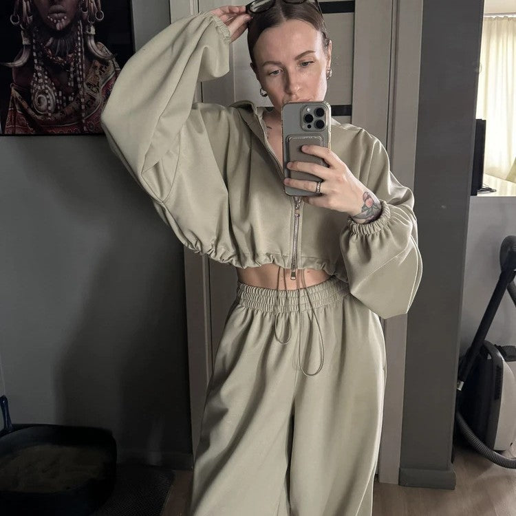 Damen nan kurzes Reißverschluss-Cropped-Hoodie und weitgeschnittene Highwaist-Loungehose Set Drune