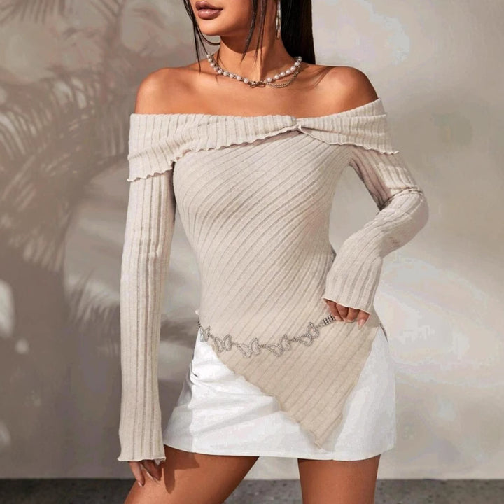 Damen Rippstrick-Oberteil mit Off-Shoulder-Ausschnitt und dekorativer Ausstattung Drune