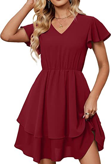 Damen Freizeitkleid mit fließendem Rock und Rüschenärmeln Drune