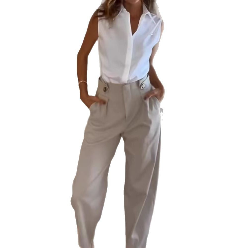 Damen Elegante Hochtaillierte Stoffhose mit Taschen Drune