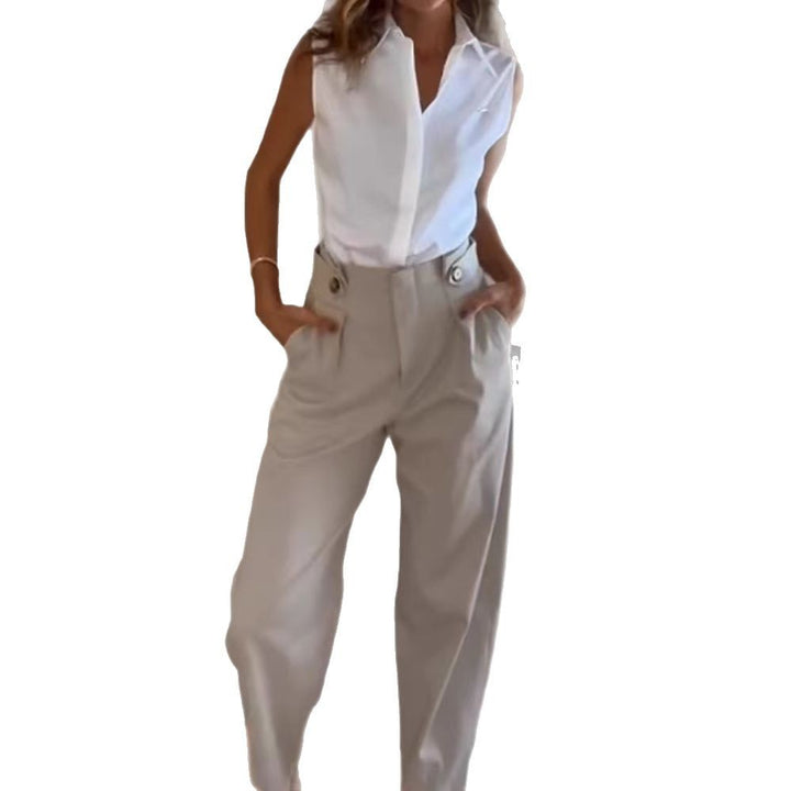 Damen Elegante Hochtaillierte Stoffhose mit Taschen Drune