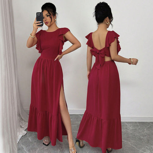 Damen Maxikleid mit voluminösen Rüschendetails und raffiniertem Rückenausschnitt Drune