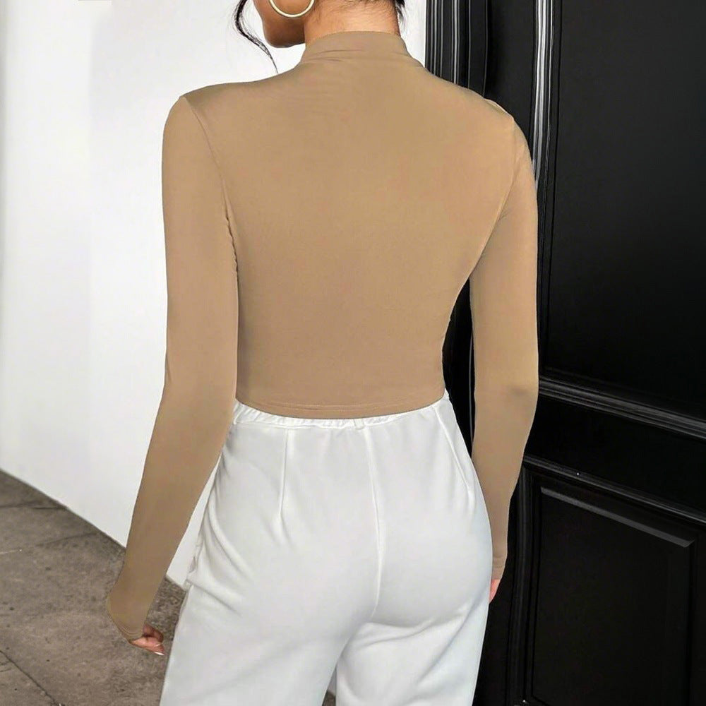 Damen Langarm Crop-Top mit asymmetrischer Drapierung und elegantem Stehkragen Drune