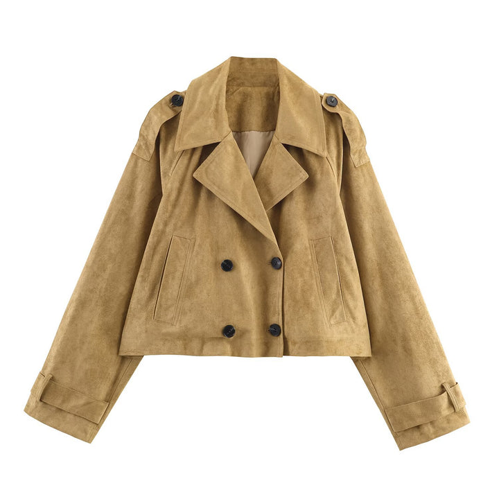 Damen Modische Cropped Trenchjacke mit doppelter Knopfleiste und praktischen Taschen Drune