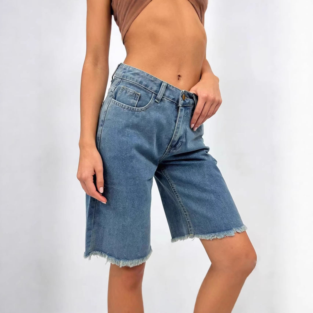 Damen lässige Denim-Shorts mit ausgefransten Säumen und hoher Taille Drune
