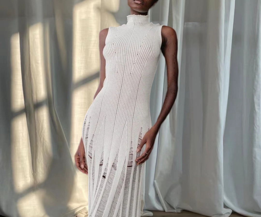 Damen Elegantes Maxikleid mit hochgeschlossenem Hals und raffiniertem Rippdesign Drune