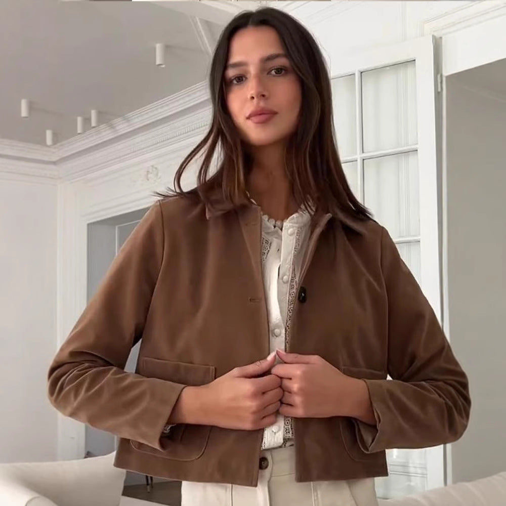Damen modische Kurzjacke mit hochgeschlossenem Kragen und praktischen Taschen Drune
