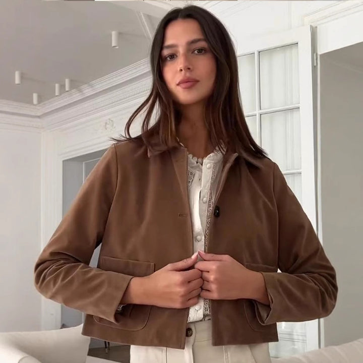 Damen modische Kurzjacke mit hochgeschlossenem Kragen und praktischen Taschen Drune