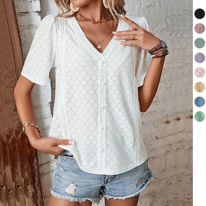 Damen Bluse mit eleganten Puffärmeln und feinem Lochmuster Drune