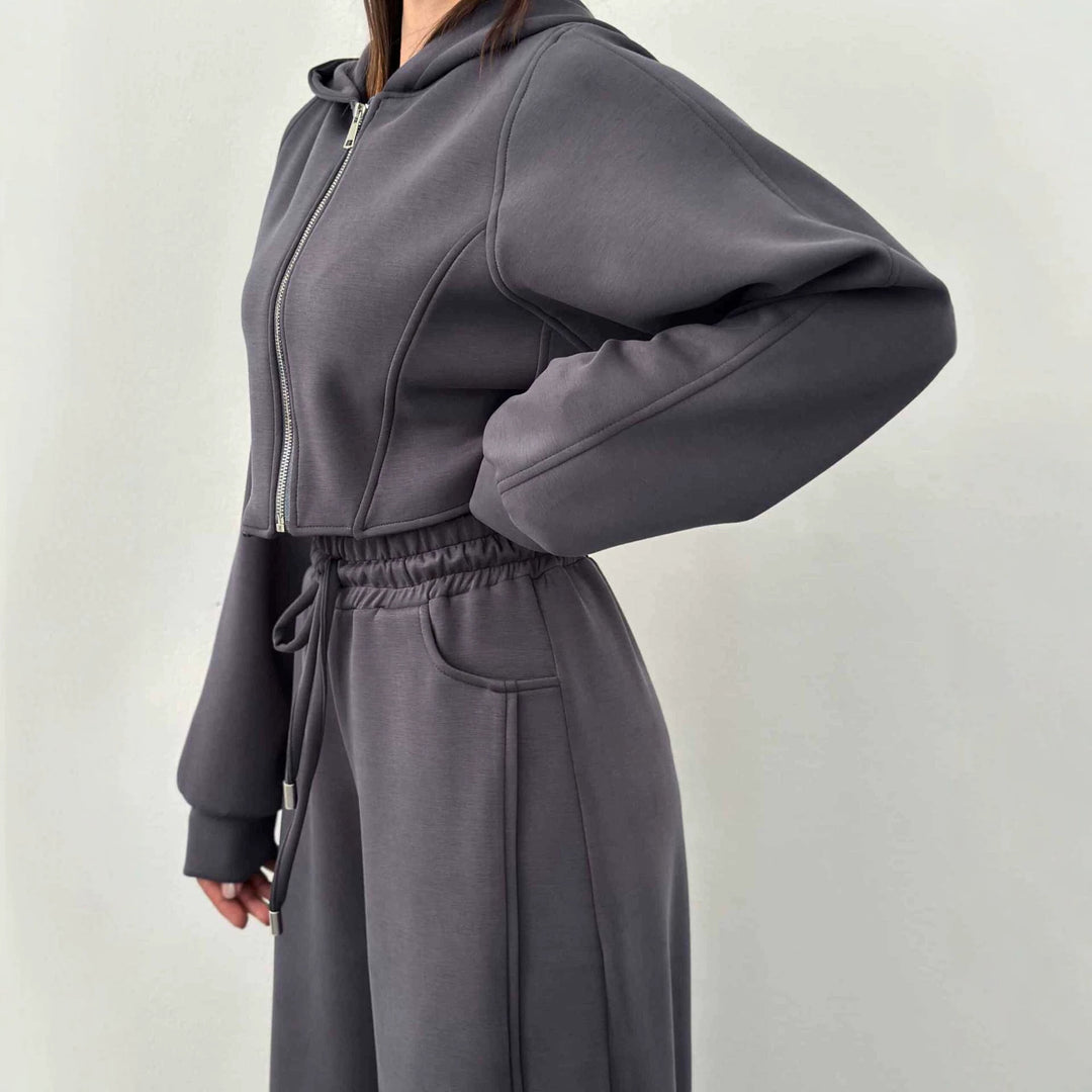Damen nan weite Highwaist-Loungehose mit Tunnelzug, Eingrifftaschen und Ziernähten Drune