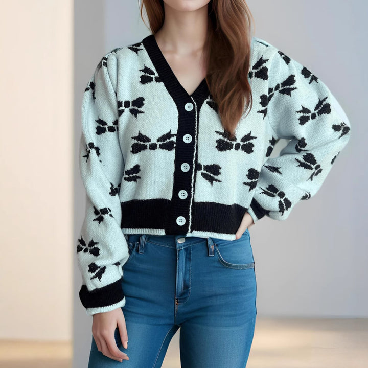 Damen kuschelige Strickjacke mit dekorativem Motiv und Knopfleiste Drune