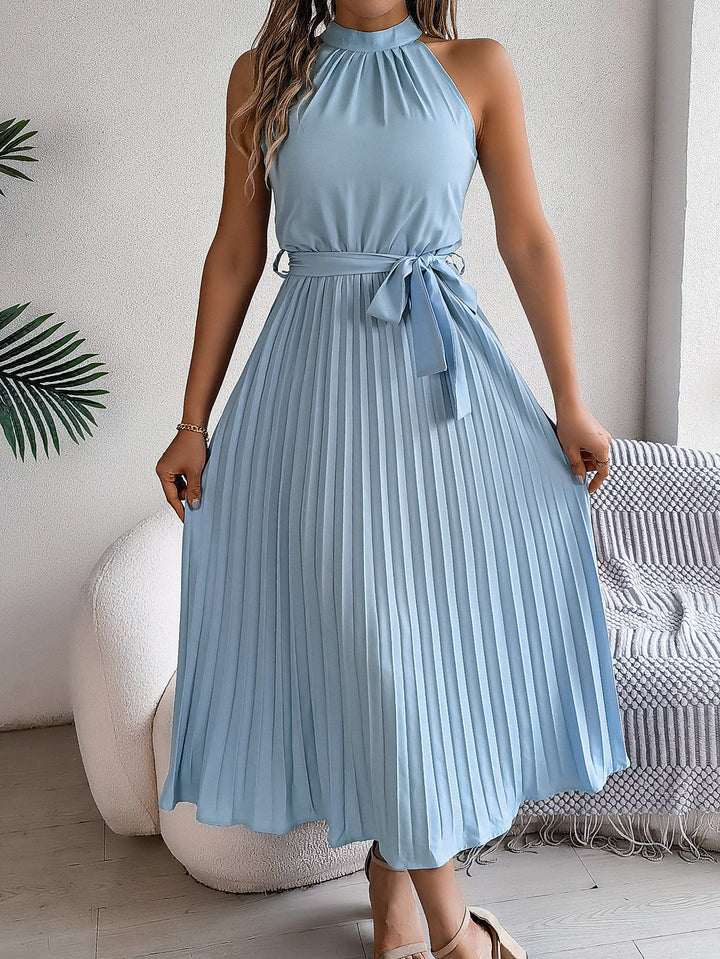 Drune | Frühling Elegante Stehkragen Taille-betonte Falten Maxi Kleid