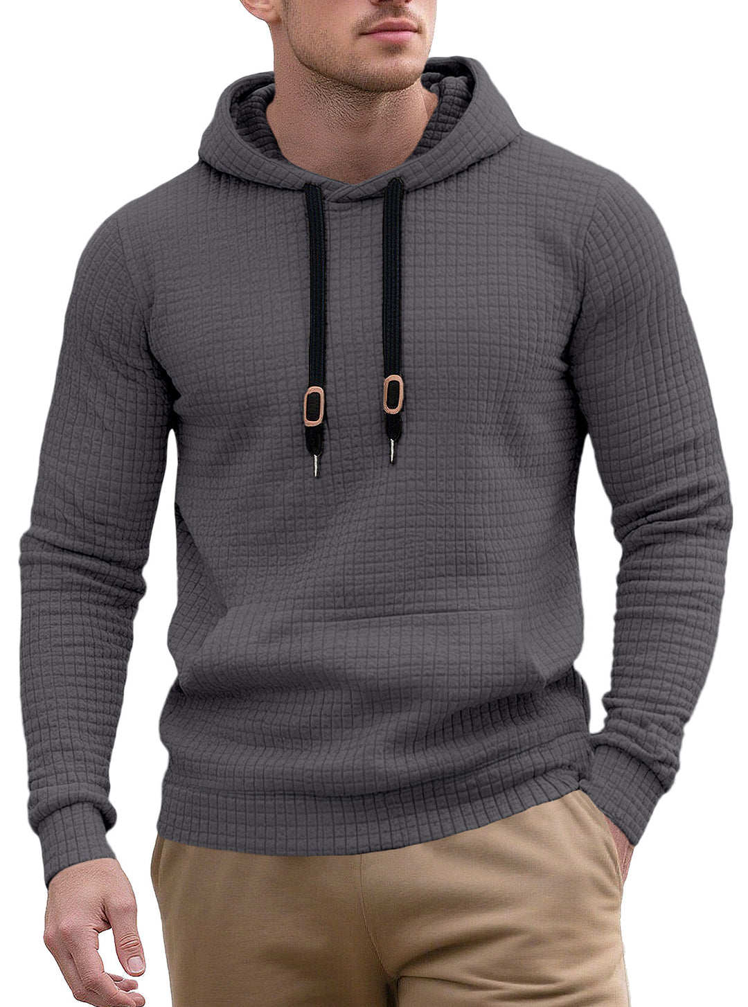 Herren nan schmal geschnittener Stepp-Kapuzenpullover mit feiner Quadratstruktur, Kordelzug und geripptem Saum Drune