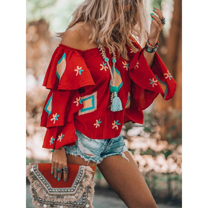 Damen Off-Shoulder Oberteil mit voluminösen Rüschen Drune