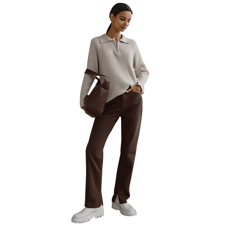 Damen moderner Langarm-Pullover mit Stehkragen und Zipper Drune